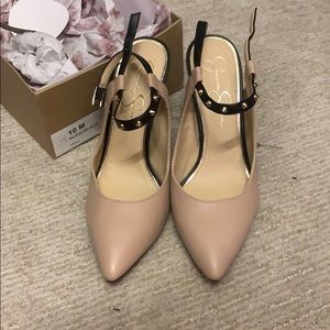 Jessica Simpson’s nude and black studded heels